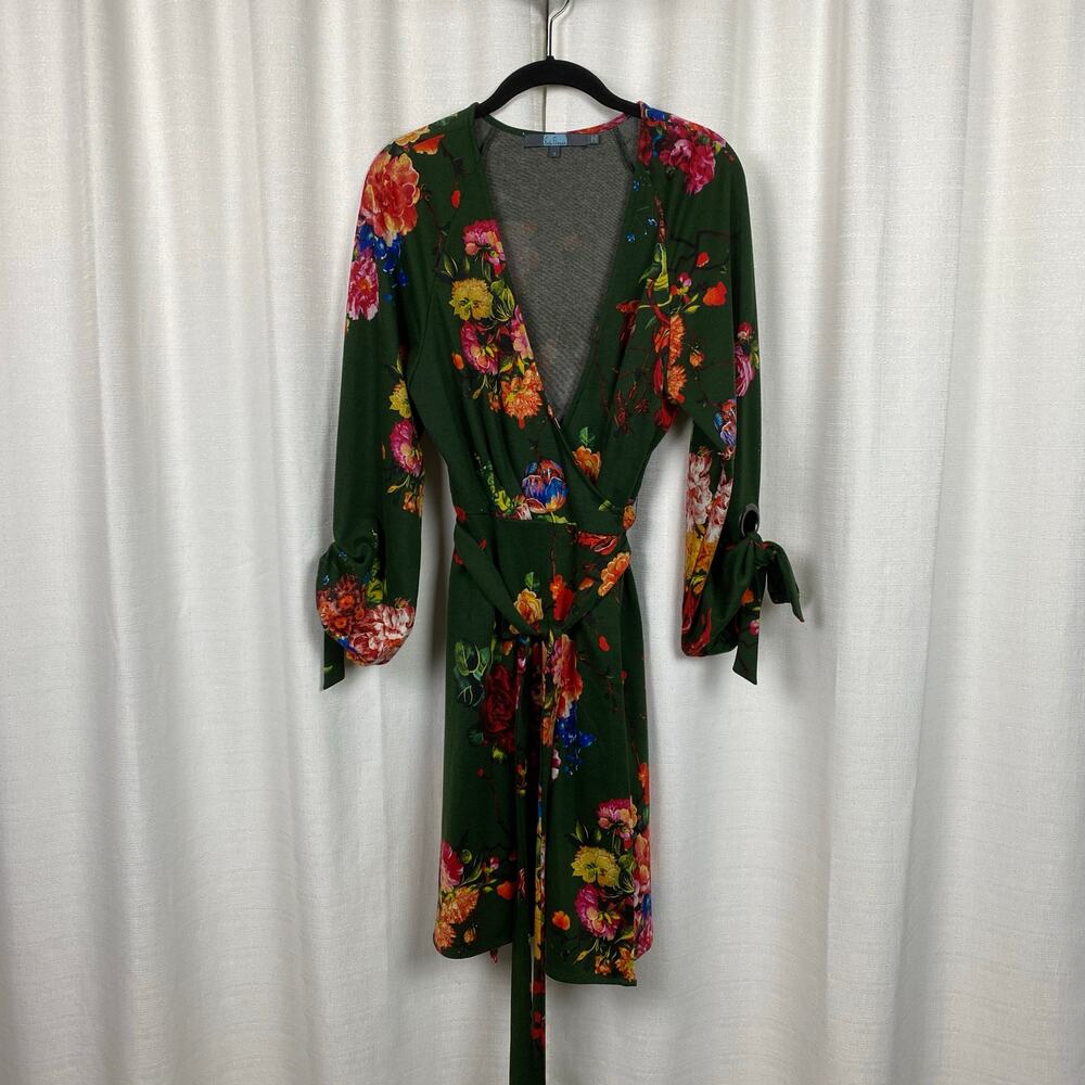 Anthropologie Eva Franco Green Floral Dahlia Wrap Mini Dress Sz.S - Picture 4 of 15